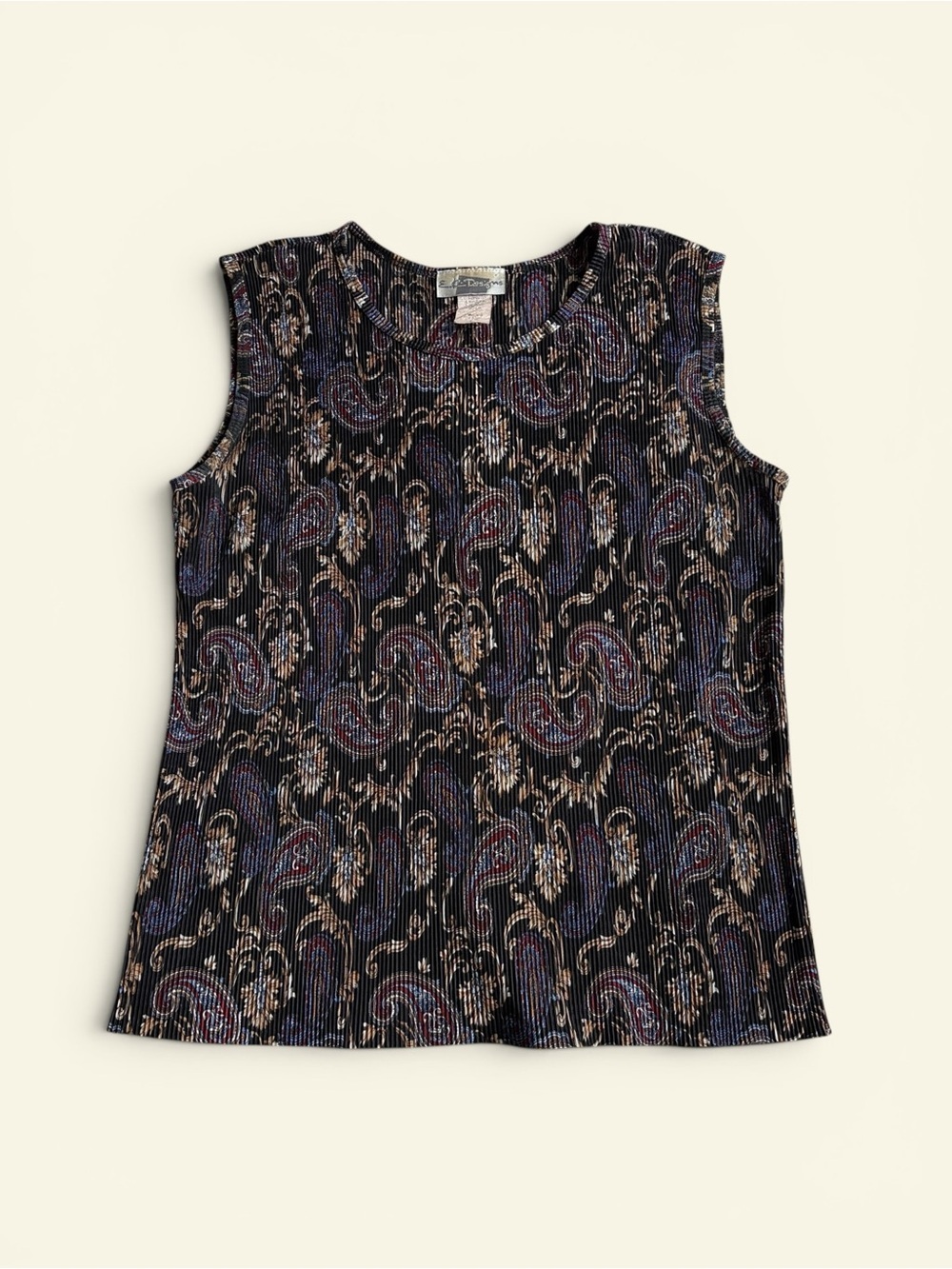 Vintage E.R. Designs Paisley Plisse Pleated Tank Top Women's Medium Y2K Black - Picture 1 of 7